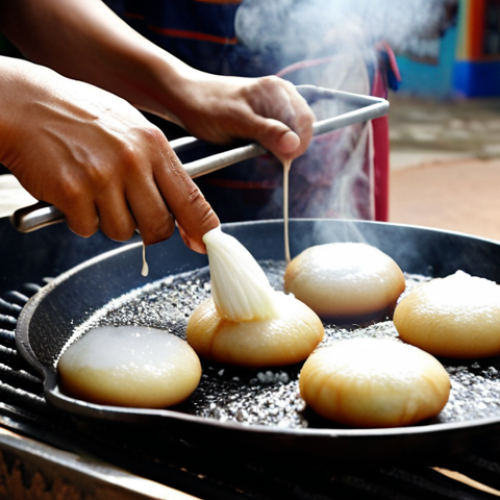 **

A street food vendor in Cambodia skillfully preparing Nom Krok on a hot cast iron griddle, with steam rising and a sweet aroma filling the air. Capture the artistry of pouring batter and adding coconut milk & palm sugar, reminiscent of Korean street food masters.

**
