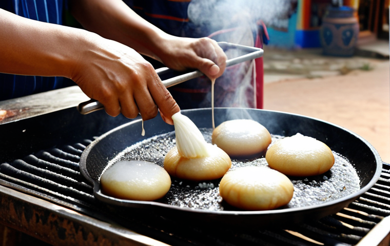**

A street food vendor in Cambodia skillfully preparing Nom Krok on a hot cast iron griddle, with steam rising and a sweet aroma filling the air. Capture the artistry of pouring batter and adding coconut milk & palm sugar, reminiscent of Korean street food masters.

**