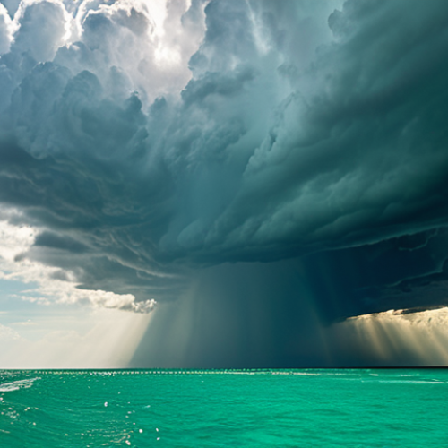 A serene emerald sea under bright sunlight, contrasting with a looming "Perfect Storm" cloud formation in the distance, symbolizing hidden dangers in travel. Focus on realistic lighting and dramatic sky.