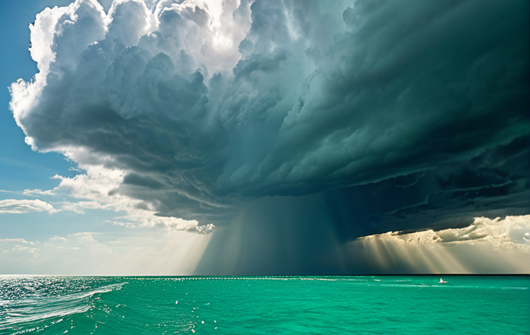 A serene emerald sea under bright sunlight, contrasting with a looming "Perfect Storm" cloud formation in the distance, symbolizing hidden dangers in travel. Focus on realistic lighting and dramatic sky.