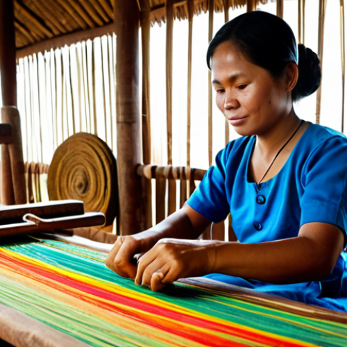 A dignified Cambodian female artisan, dressed in modest, traditional Cambodian attire, fully clothed, appropriate attire, professional dress. She is meticulously working on a silk weaving loom, surrounded by vibrant, colorful threads and partially finished textiles. Her well-formed hands are visible, demonstrating skill and precision with proper finger count. The setting is a clean, well-lit fair trade workshop in rural Cambodia, with soft natural light streaming in. Traditional wooden tools and neatly displayed handcrafted products are subtly visible in the background, emphasizing cultural preservation and diligent work. Perfect anatomy, correct proportions, natural pose, high-quality photography, realistic, professional image, safe for work, appropriate content, modest clothing, family-friendly.