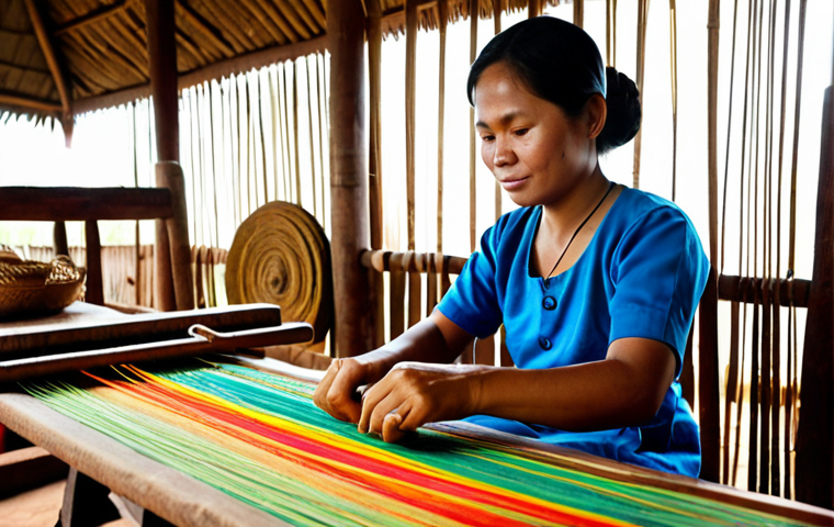 A dignified Cambodian female artisan, dressed in modest, traditional Cambodian attire, fully clothed, appropriate attire, professional dress. She is meticulously working on a silk weaving loom, surrounded by vibrant, colorful threads and partially finished textiles. Her well-formed hands are visible, demonstrating skill and precision with proper finger count. The setting is a clean, well-lit fair trade workshop in rural Cambodia, with soft natural light streaming in. Traditional wooden tools and neatly displayed handcrafted products are subtly visible in the background, emphasizing cultural preservation and diligent work. Perfect anatomy, correct proportions, natural pose, high-quality photography, realistic, professional image, safe for work, appropriate content, modest clothing, family-friendly.