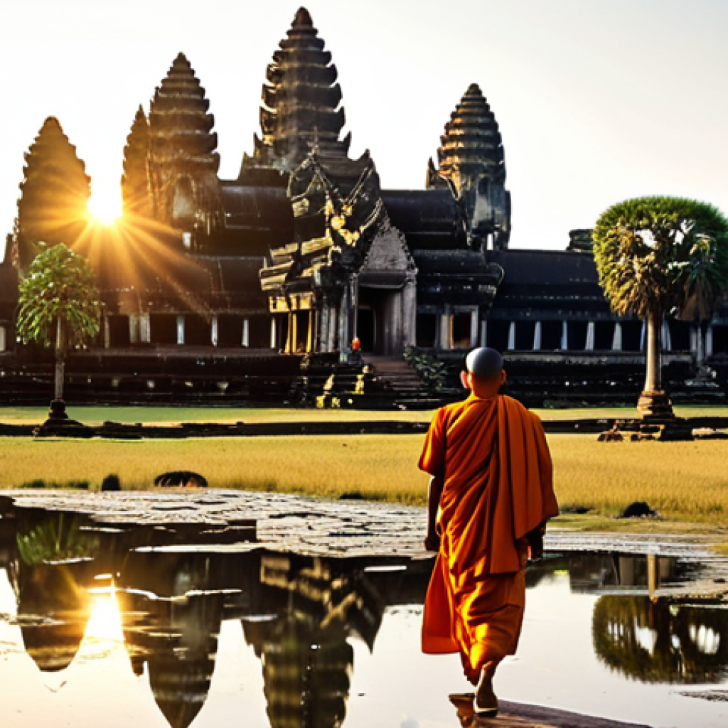 앙코르 유적군의 비밀 - Angkor Wat Sunrise**
"Angkor Wat at sunrise, golden light reflecting on the temple, monks in saffro...