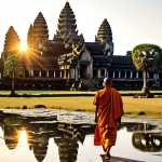 Home 5 앙코르 유적군의 비밀 - Angkor Wat Sunrise**
"Angkor Wat at sunrise, golden light reflecting on the temple, monks in saffro...