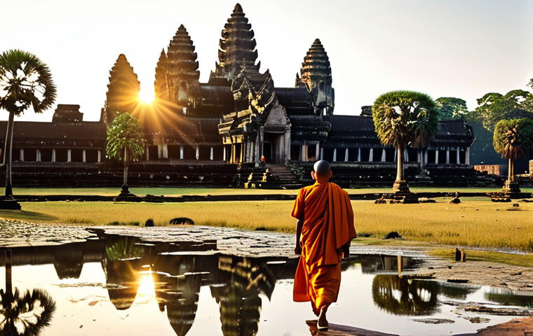 앙코르 유적군의 비밀 - Angkor Wat Sunrise**
"Angkor Wat at sunrise, golden light reflecting on the temple, monks in saffro...