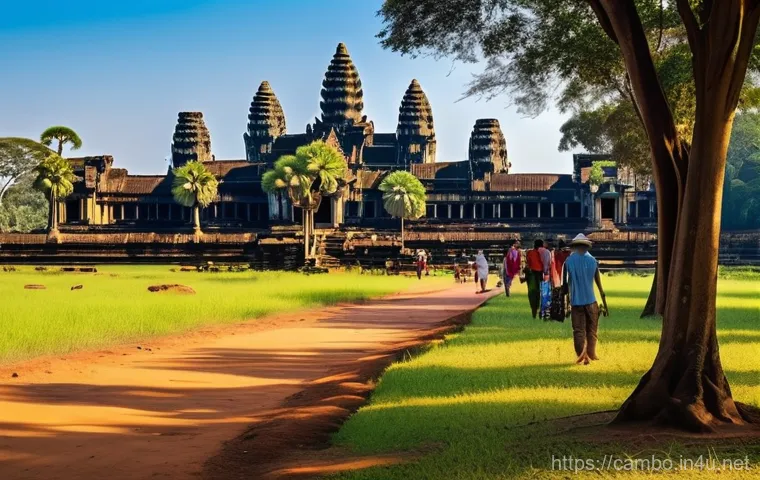 캄보디아의 날씨와 계절 - **Image Prompt 1: Serene Dry Season at Angkor Wat**
A panoramic view of Angkor Wat under a clear...