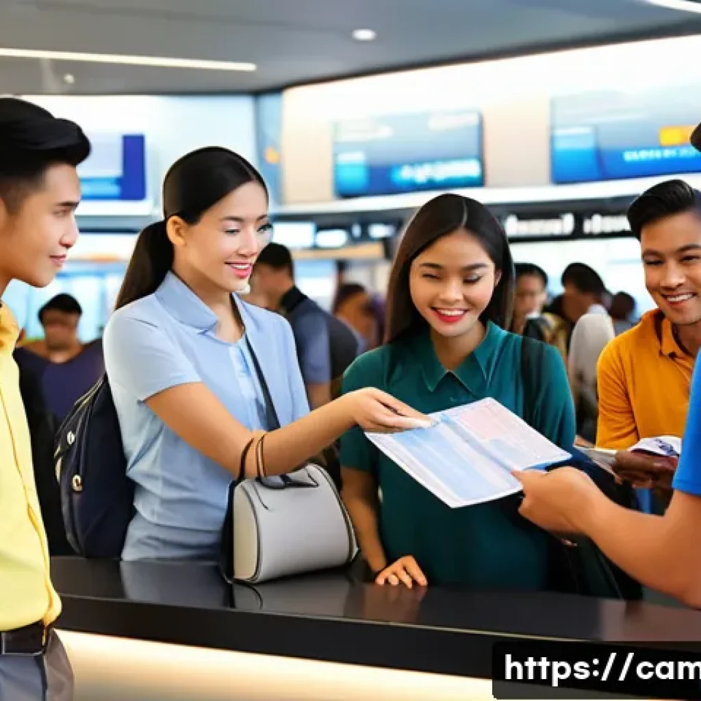 캄보디아 관광비자 발급 - A detailed scene at a modern airport immigration counter showing a diverse group of travelers presen...