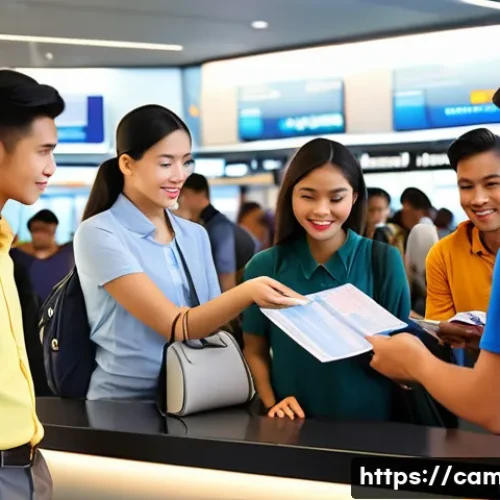 캄보디아 관광비자 발급 - A detailed scene at a modern airport immigration counter showing a diverse group of travelers presen...
