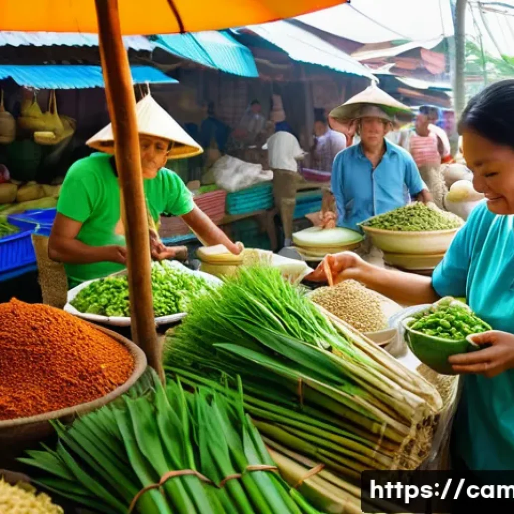 전통 크메르 요리의 조리법 - A vibrant Cambodian local market scene bustling with fresh ingredients essential for Khmer cooking, ...