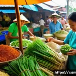 전통 크메르 요리의 조리법 - A vibrant Cambodian local market scene bustling with fresh ingredients essential for Khmer cooking, ...
