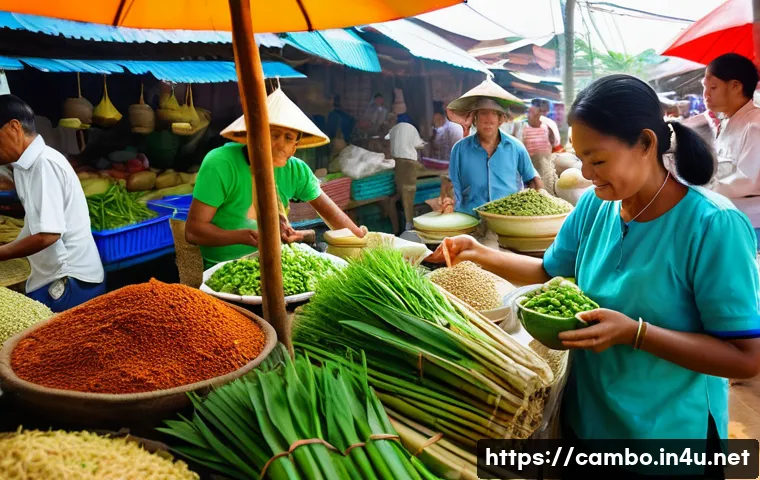 전통 크메르 요리의 조리법 - A vibrant Cambodian local market scene bustling with fresh ingredients essential for Khmer cooking, ...
