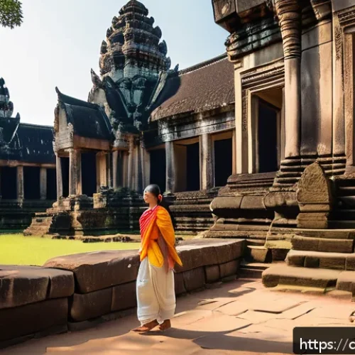 캄보디아의 복장 문화 - A respectful tourist visiting Angkor Wat temple in Cambodia, wearing a lightweight, breathable linen...