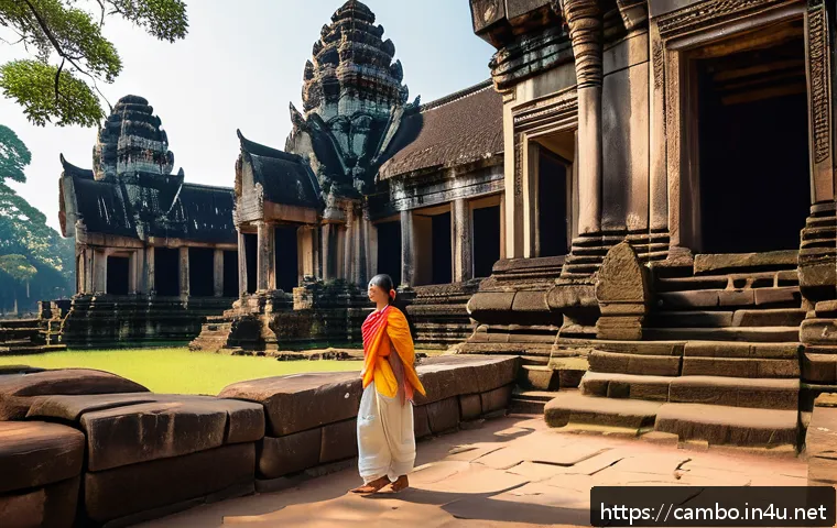 캄보디아의 복장 문화 - A respectful tourist visiting Angkor Wat temple in Cambodia, wearing a lightweight, breathable linen...