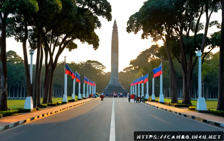 캄보디아 독립 기념일 - Photorealistic sunrise scene at Cambodia’s Independence Monument in Phnom Penh, framed by lush tropi...