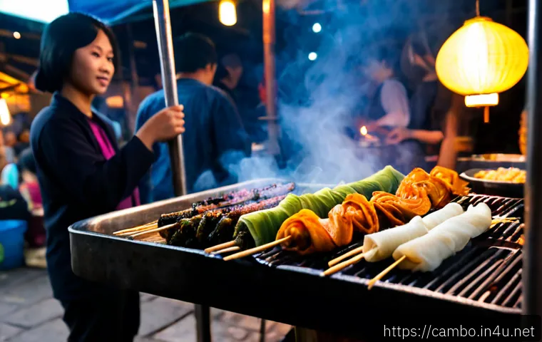 프놈펜 야시장 먹거리 - Photorealistic Phnom Penh night market food stall, Cambodian street vendor grilling skewers over glo...